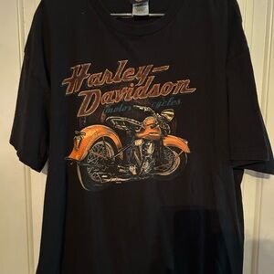 Harley-Davidson Black Tee with Orange Motorcycle Design (Eureka Springs 17)